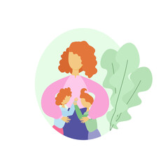 Mom hugs children, illustration in flat style about motherhood and children,