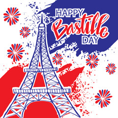 Fototapeta na wymiar Happy Bastille Day, 14th of July. Holiday greeting card with Eiffel tower.