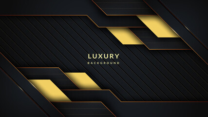 Obraz premium Luxury abstract background with modern black shapes and golden shine shapes, lines, and dots. Modern template elegant design with vector layers and dark shadow.