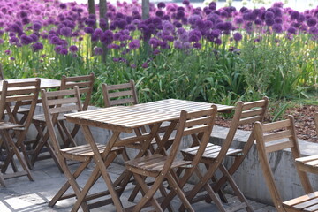Empty tables in a Moscow cafe against the backdrop of a blooming flower bed, May 2021