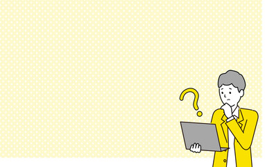 パソコンを使って仕事をする若い男性のイラスト、困り顔、コピースペース、ベクター