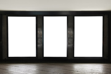 Blank advertising boards on wall in subway. Mockup for design