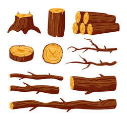 Cut raw wood trunks and planks of pine oak tree on isolated white background set. Vector doodle hand drawn graphic design illustration