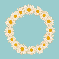 Floral wreath with chamomiles on powder blue background. Vector illustration element with copy space, may use for greeting cards, invitations, wedding, birthday, easter, package design.