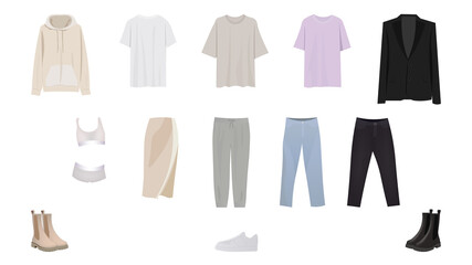 Fototapeta premium Casual wardrobe 2021 vector design. Midseason capsule