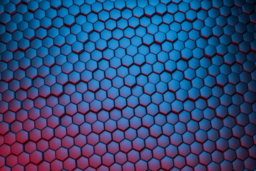 Abstract background, metal geometric hexagonal wallpaper. Blue and red surface reflection. Honeycomb hexagonal 3d rendering.