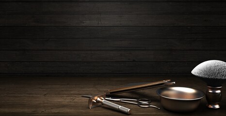Vintage barber shop tools on wood background with place for text. 3d rendering - 436342589