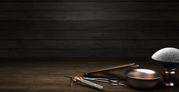 Vintage barber shop tools on wood background with place for text. 3d rendering
