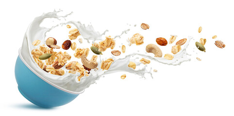 Falling muesli, oat granola with milk splashing isolated on white background - obrazy, fototapety, plakaty