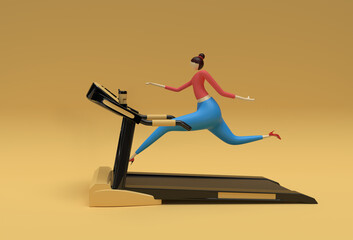 3d Rendering Woman Running Treadmill Machine on a Fitness Background.