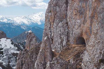 Wild mountain goat cave among the sharp-pointed rocks.