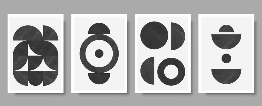Creative minimal 50s wall art print.  Dark monochrome shape composition for wall decoration and poster. Watercolor painting with geometric shapes