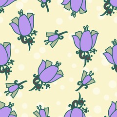 Sweet Lilac And Green Floral Scatter Pattern On A Cream Backdrop With Polka Dots