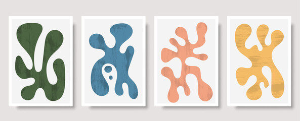 Set of Matisse inspired contemporary collage posters with textured abstract organic shapes in neutral colors, vector illustration