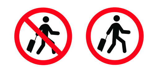 No trolley case Vector bags icon Travel suitcase, luggage for vacation, holiday Stop halt allowed cases area Do not enter bag zone No ban walking on street or airport No baggage or handbag to roll