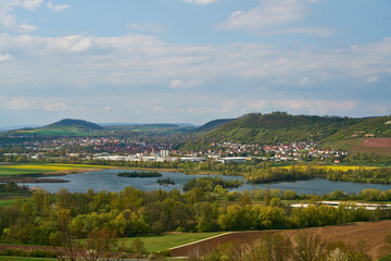 Naklejka premium Blick vom Spitzberg bei Limbach in die Mainebene, Landkreis Hassberge, Unterfranken, Franken, Bayern, Deutschland