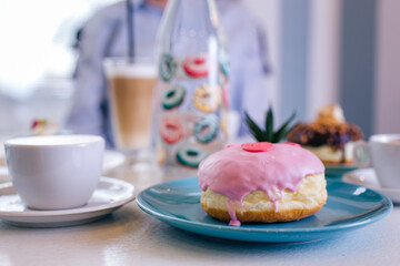 Donut closeup colorful in cafeteria