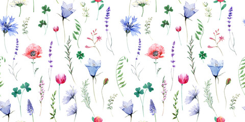 Watercolor wild flowers seamless pattern. Watercolor Boho flowers, meadow flowers background, Forest floral seamless texture for apparel, wallpaper, wrapping paper, nursery.