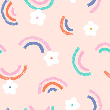 Rainbow And Daisy Flower Vector Seamless Pattern. Summer Floral Scandinavian Nursery Print Design. Hippie Positive Vibes Background.