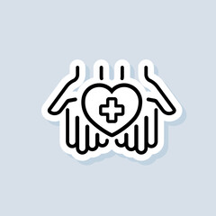 First aid sticker. Hands holding heart with cross. Medical pharmacy logo. Vector on isolated background. EPS 10