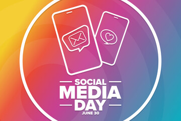 Social Media Day. June 30. Holiday concept. Template for background, banner, card, poster with text inscription. Vector EPS10 illustration.