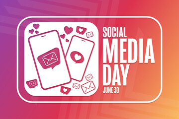 Social Media Day. June 30. Holiday concept. Template for background, banner, card, poster with text inscription. Vector EPS10 illustration.