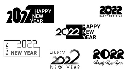 Set of flat black icons happy new year 2022, different shapes are used, and composition of numbers isolated on white background. Numbers 2022 in realistic, abstract and geometric styles.
