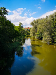 Fototapeta na wymiar Small part of river between bushes and trees at sunny day