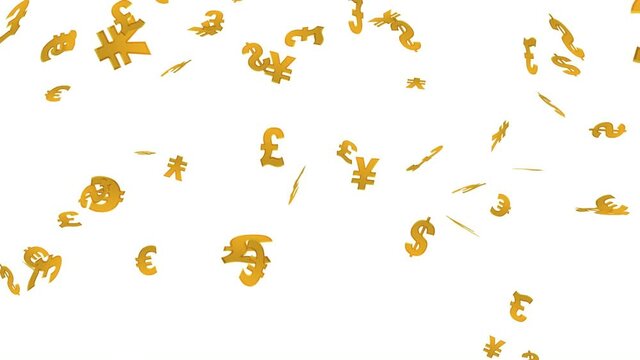 Signs of dollar, euro, pound and yen falling down on the white background