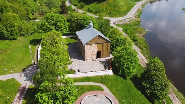 Orthodox church of the 12th century on a sunny spring day. The Kalozha church of Sts. Boris and Gleb is the oldest extant structure in Grodno. Belarus, Grodno.