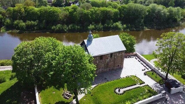 Orthodox church of the 12th century on a sunny spring day. The Kalozha church of Sts. Boris and Gleb is the oldest extant structure in Grodno. Belarus, Grodno.