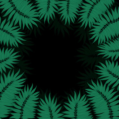 Round frame made of palm leaves on a black background.