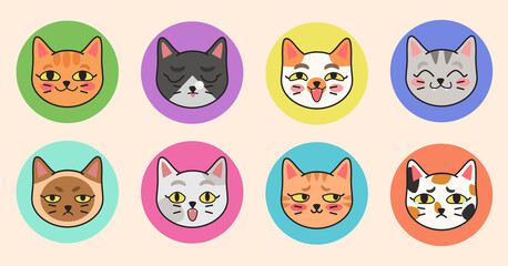 Cute vector illustration of different cat breeds. A set of cute cat portraits with different emotions in a cartoon flat style.