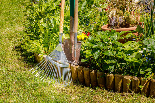 Blumenbeet im heimischen Garten mit Gartengeräten