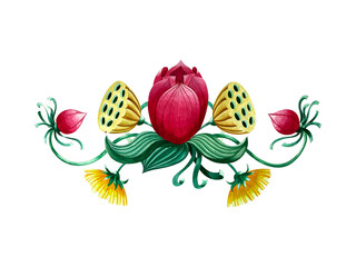 Obraz na płótnie Canvas Floral decorative ornamental motif of lotus flowers and dandelions with leaves. drawn by hand in watercolor isolated on white background. for embroidery, decor, invitations, scrapbooking