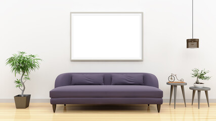 Horizontal frame mockup on the wall with purple sofa and modern living room interior design.