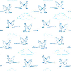Swans are flying in the sky against the background of clouds. Vector  illustration. Seamless vector pattern. 