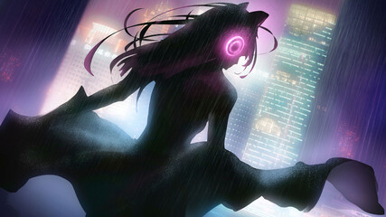 Beautiful slender cat girl romantically dancing and spinning in the rain in the middle of a huge city with a thousand lights, wearing a long dress and hair, on her head glowing headphones. 2d 