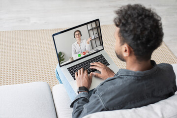Online meeting. Man and woman having discussion or web conference chat, Work or study from home,...
