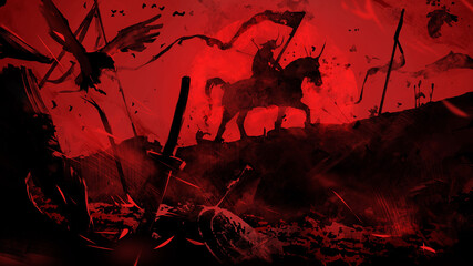 The battlefield is littered with corpses and broken weapons, the last surviving horseman is walking on it, riddled with arrows, he does not throw the banner, against the background of the bloody sun  - obrazy, fototapety, plakaty