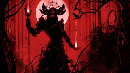 The black silhouette of a dark bloody priestess with a staff, and a strange diadem on her head with wings, stands in the middle of the abandoned ruins of an ancient civilization overgrown with roots.