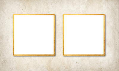 Two White Blanks With Golden Borders Hanging in Textured Vintage Wall. 2 frames Photo Mock ups with empty blank. 2 Images Frame For Photography and Wall Art Mockups. 3D Design Realistic Illustration. 