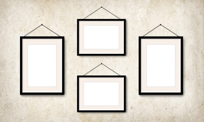 Four Pictures blanks With Black Borders Hanging On Vintage Wall. 4 Professional Photo Frames Collection. Two white Blank Horizontal and two Foto frame vertical . Front View. 3D Visualization 