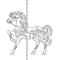 Carousel Horse, Merry go round horse, French carousel, Stars and ribbons, Retro carousel, Parks, Funfair carnival. Vector illustration of carousel horse on carnival ride
