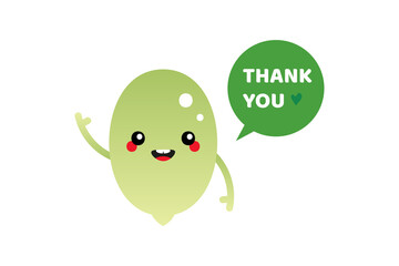 Cute smiling cartoon style raw shelled pumpkin seed character with speech bubble saying thank you, showing appreciation.