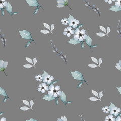 Seamless floral nature watercolor hand draw illustration pattern gray background