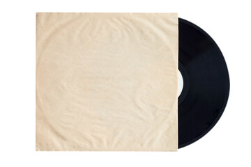 A black vinyl musical record partially in the envelope.  Isolated on white background.