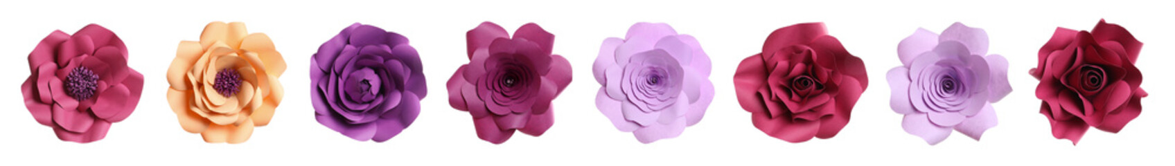 Set with beautiful flowers made of paper on white background, top view. Banner design