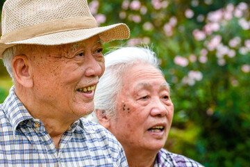 Two Asian old men happily strolling in the park, smiling