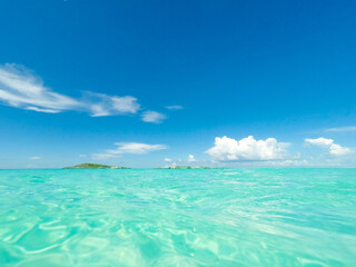 Clear blue sky with clouds and turquoise blue ocean water in the Caribbean
